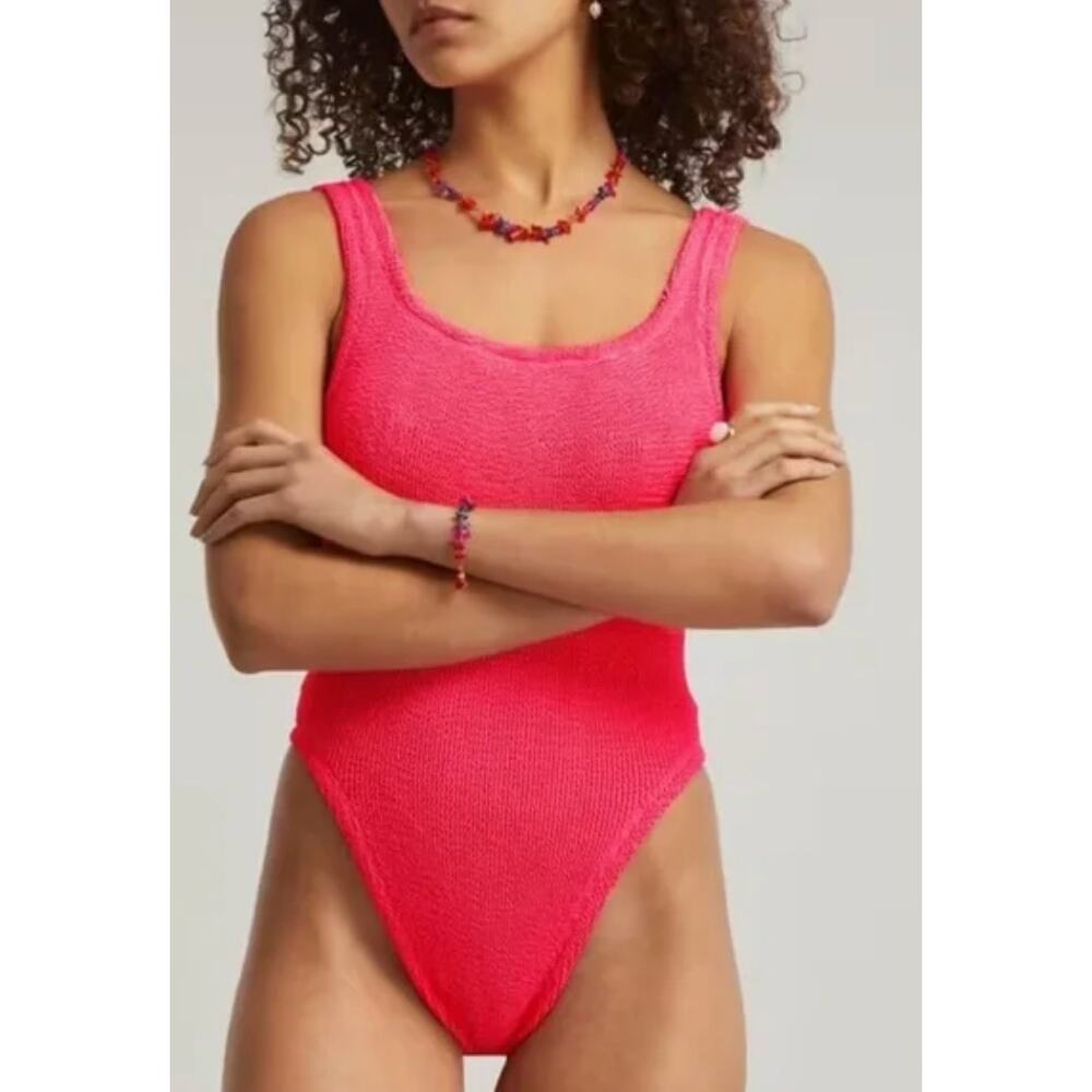 Hunza G Swimsuit One Size Square Neck Hot Pink Stretchy Beach Pool Cruise Chic - Picture 4 of 14
